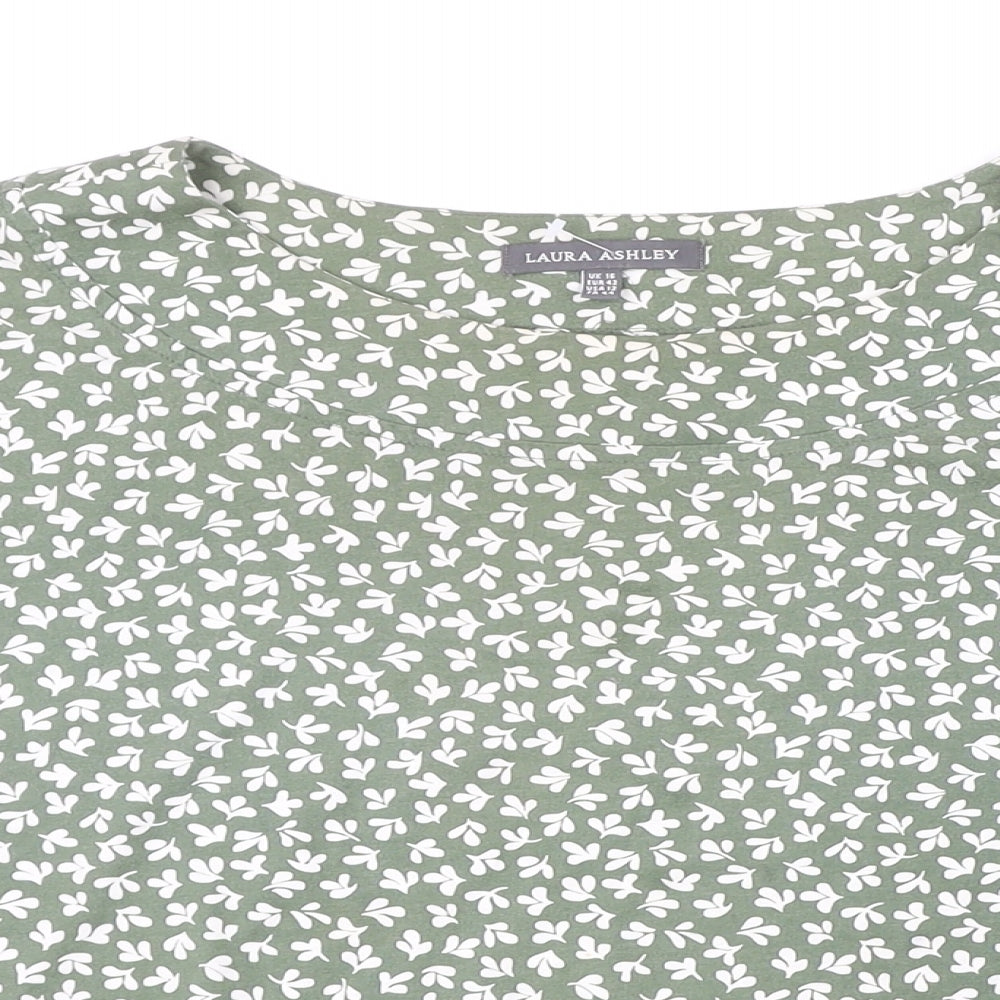 Laura Ashley Womens Green Floral Chlorofibre Basic T-Shirt Size 16 Boat Neck