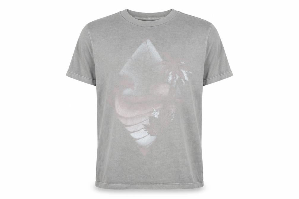 Front view of ONeill men’s grey polyester t-shirt, size S, round neck - palm trees