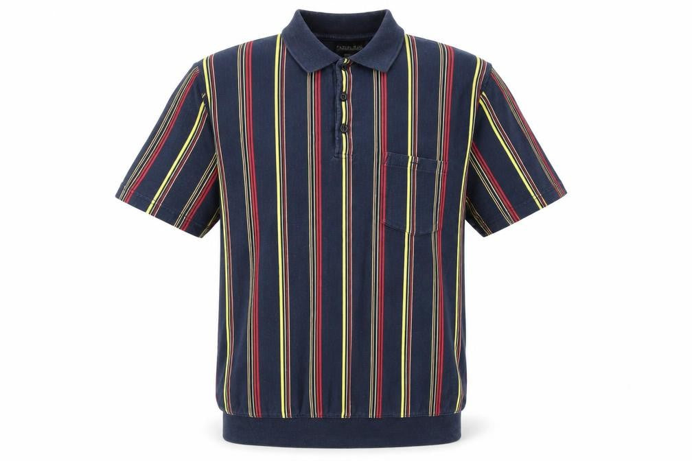 Front view of Catamaran men’s ivory striped 100% cotton polo, size M, collared button