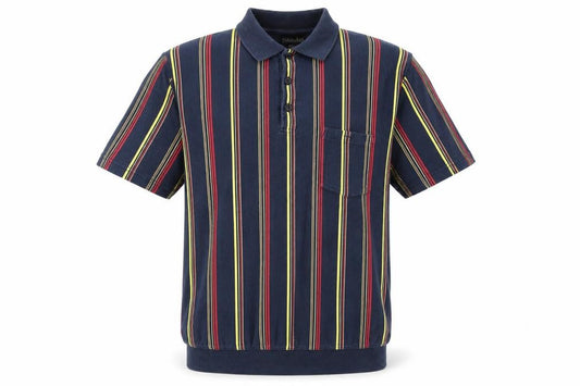 Front view of Catamaran men’s ivory striped 100% cotton polo, size M, collared button