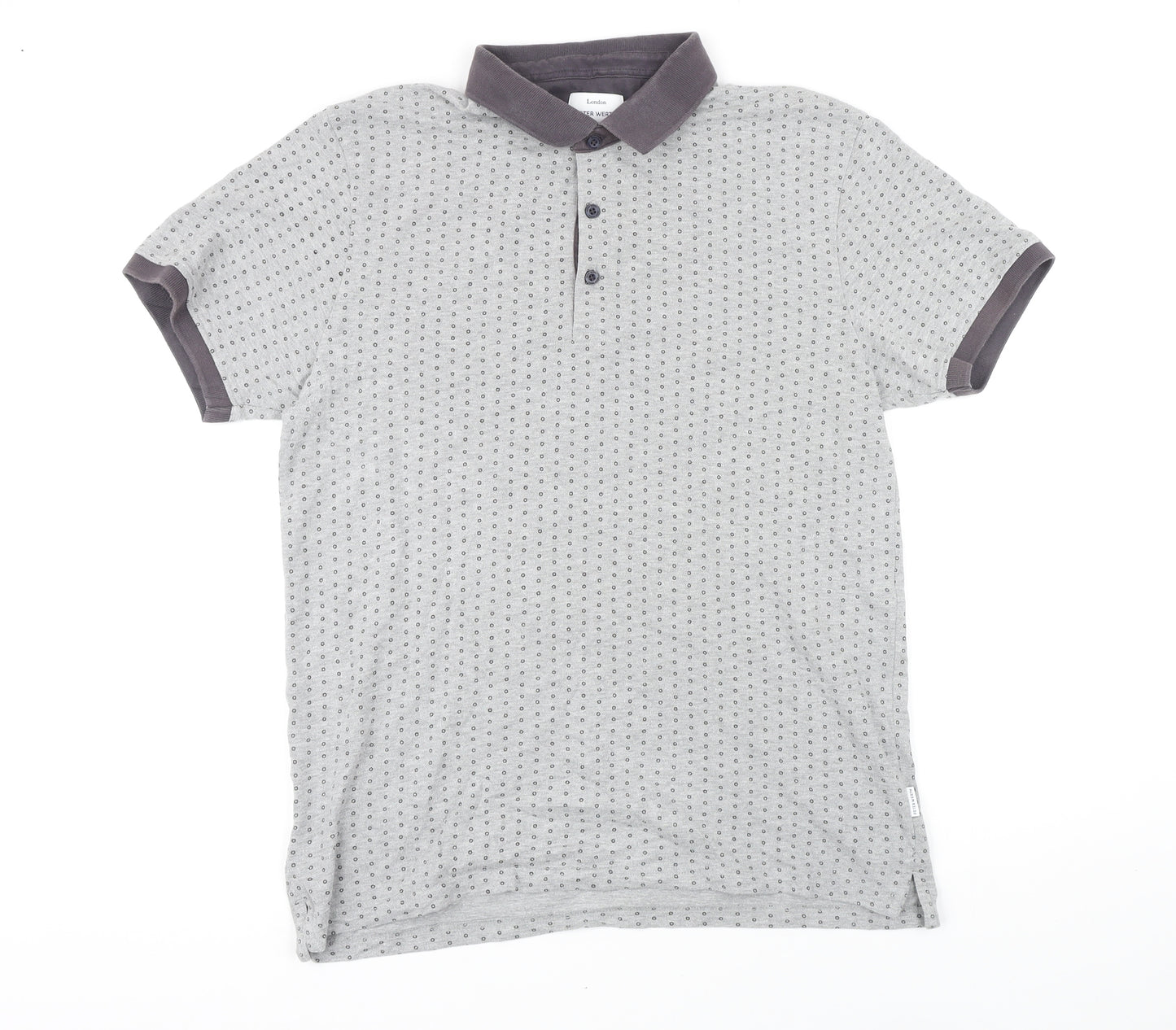 Peter Werth Mens Grey Geometric 100% Cotton Polo Size L Collared Button - circles