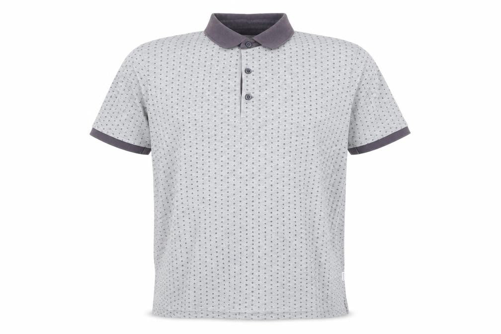 Front view of Peter Werth men’s grey geometric 100% cotton polo, size L, collared button - circles