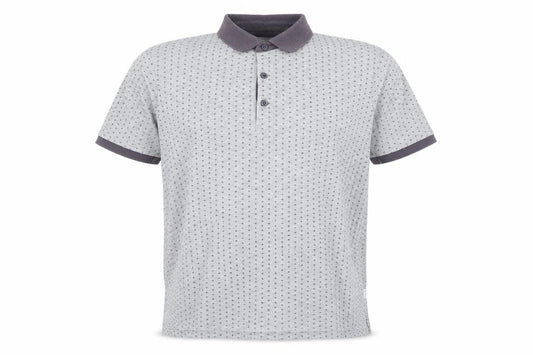 Front view of Peter Werth men’s grey geometric 100% cotton polo, size L, collared button - circles