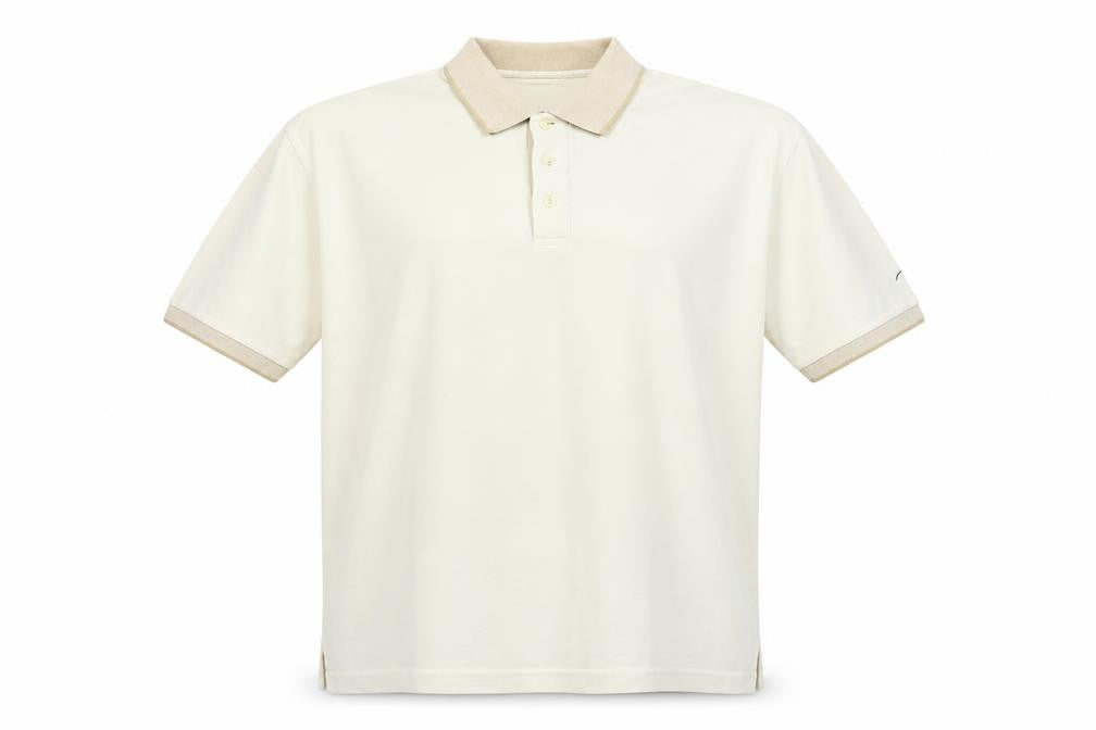 Front view of Tartan golf men’s ivory polyester polo, size L, collared button