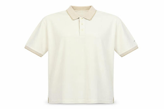 Front view of Tartan golf men’s ivory polyester polo, size L, collared button