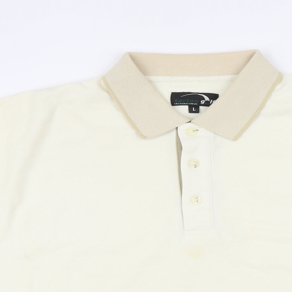 Tartan golf Mens Ivory Polyester Polo Size L Collared Button