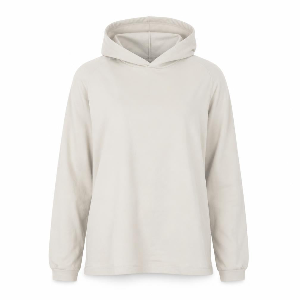 Front view of Gap women’s beige polyester pullover hoodie, size L, pullover