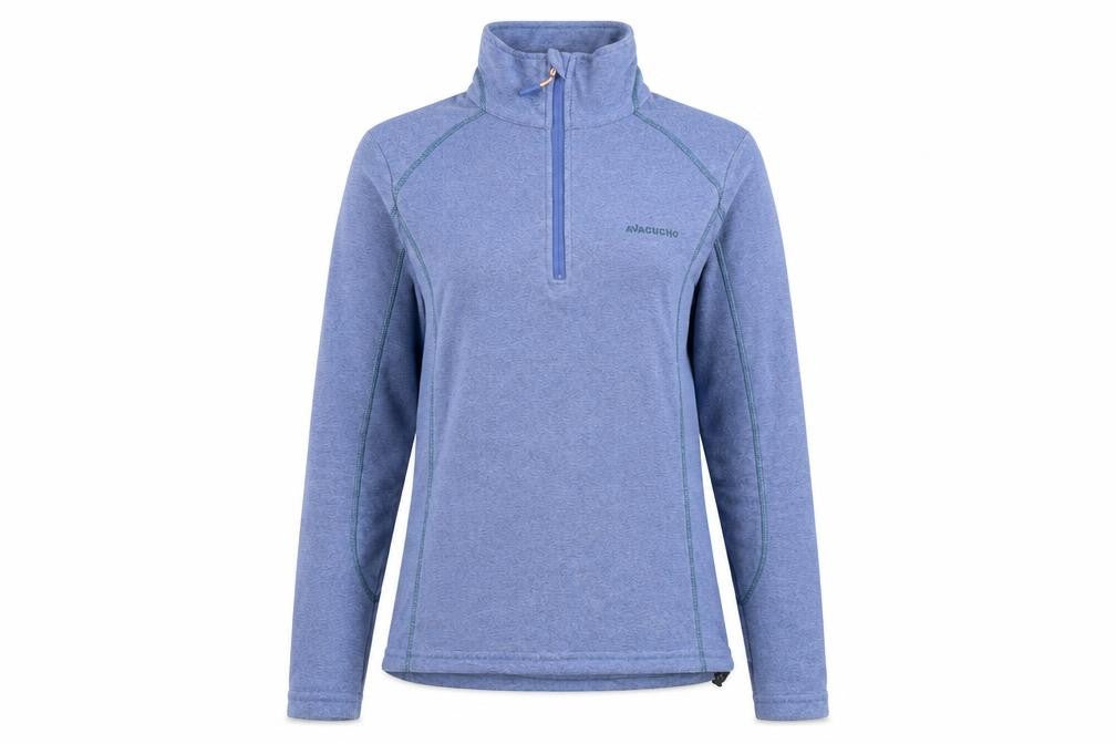 Front view of Ayacucho women’s blue 100% polyester full zip sweatshirt, size XS, zip