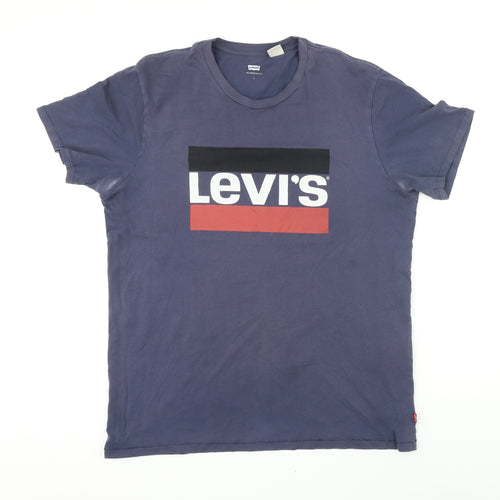 Levi's Mens Blue Herringbone Cotton T-Shirt Size L Round Neck