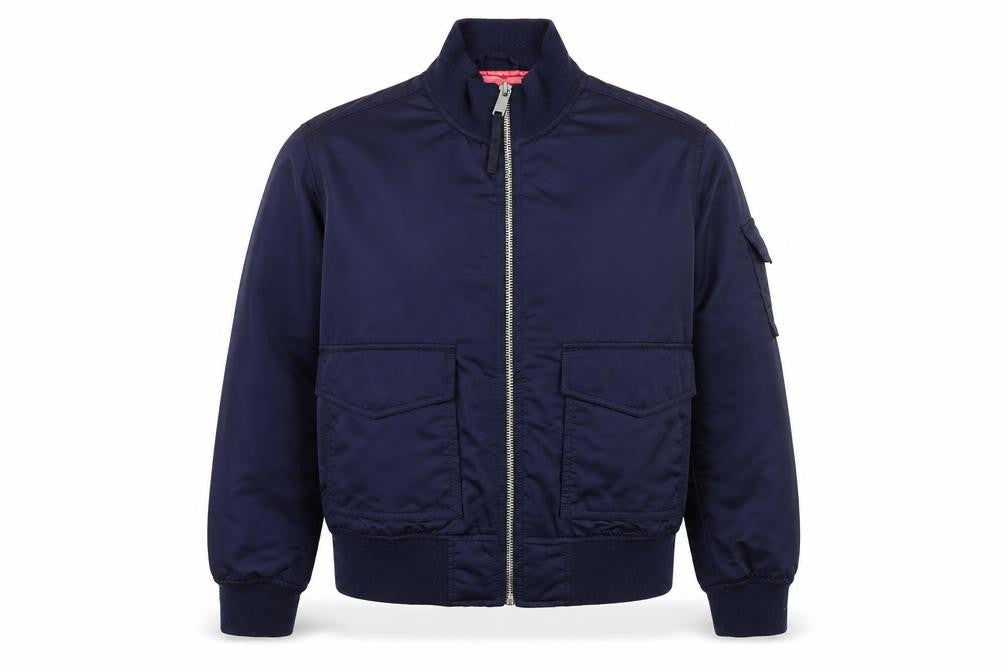 Front view of Gap women’s blue bomber jacket jacket, size S, zip