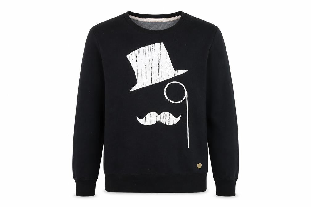 Front view of Threadbare men’s black cotton pullover sweatshirt, size L, - graphic print of man