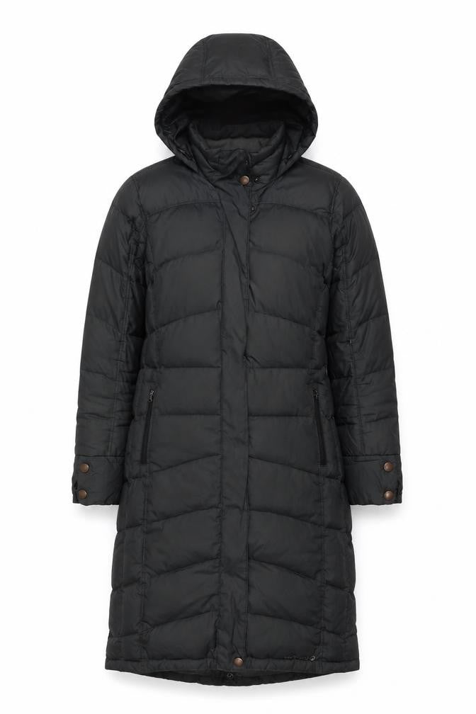 Front view of Merrell women’s black quilted jacket, size S, zip