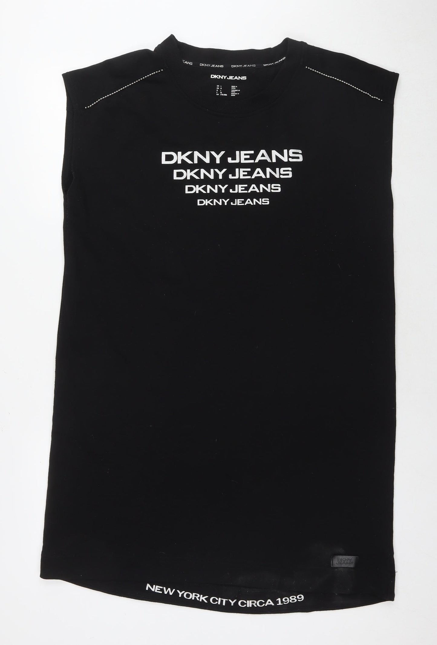 DKNY Womens Black Cotton T-Shirt Dress Size L Round Neck Pullover - Embellishment Detail Logo