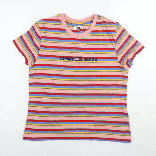 Tommy Hilfiger Womens Multicoloured Striped Cotton Basic T-Shirt Size M Round Neck