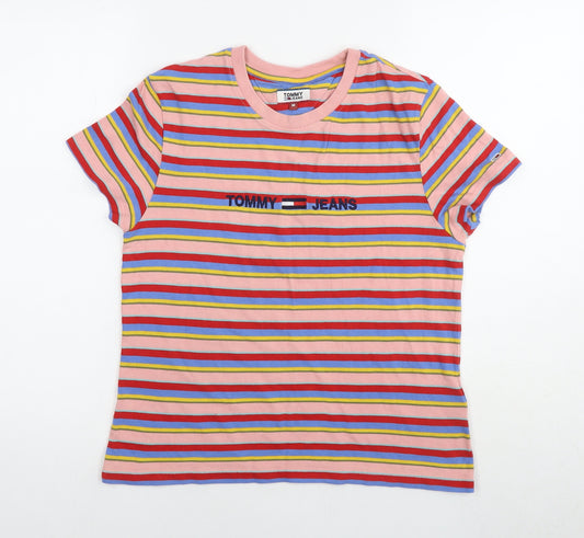 Tommy Hilfiger Womens Multicoloured Striped Cotton Basic T-Shirt Size M Round Neck