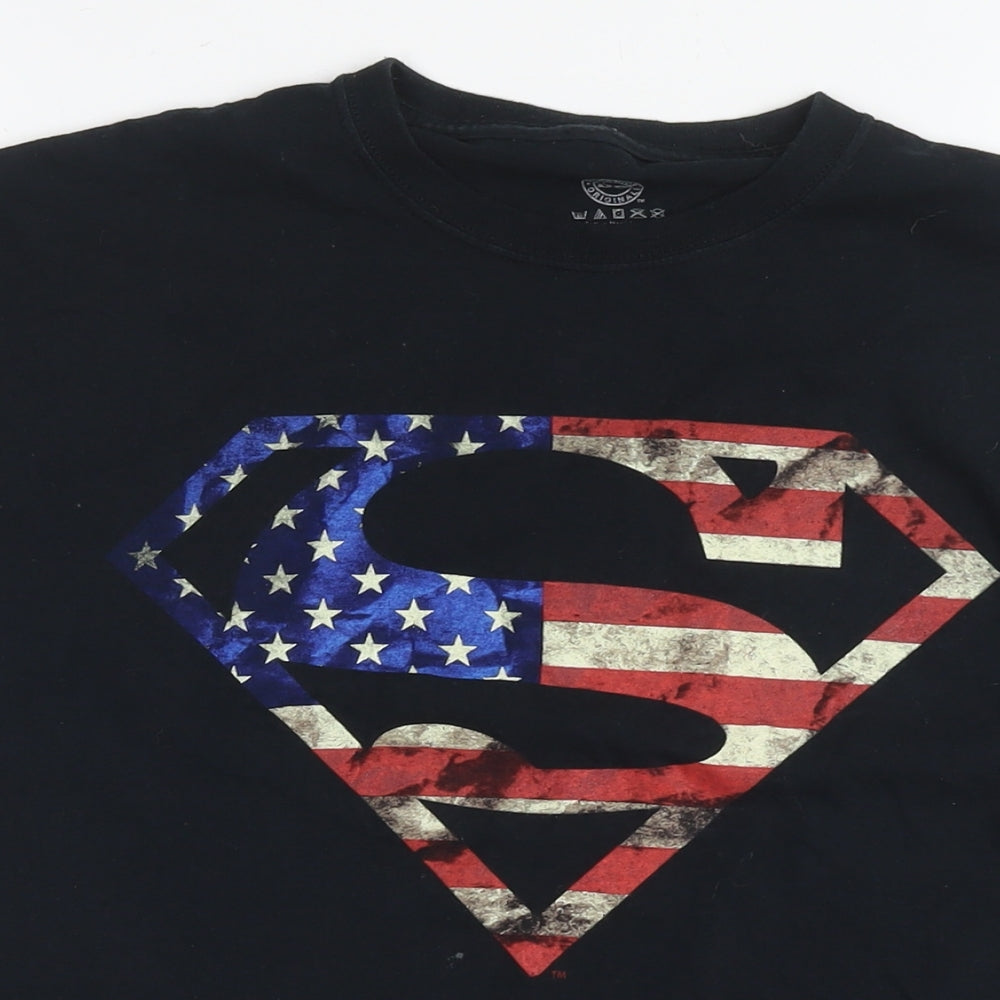 Superman Mens Black Cotton T-Shirt Size M Round Neck - Logo