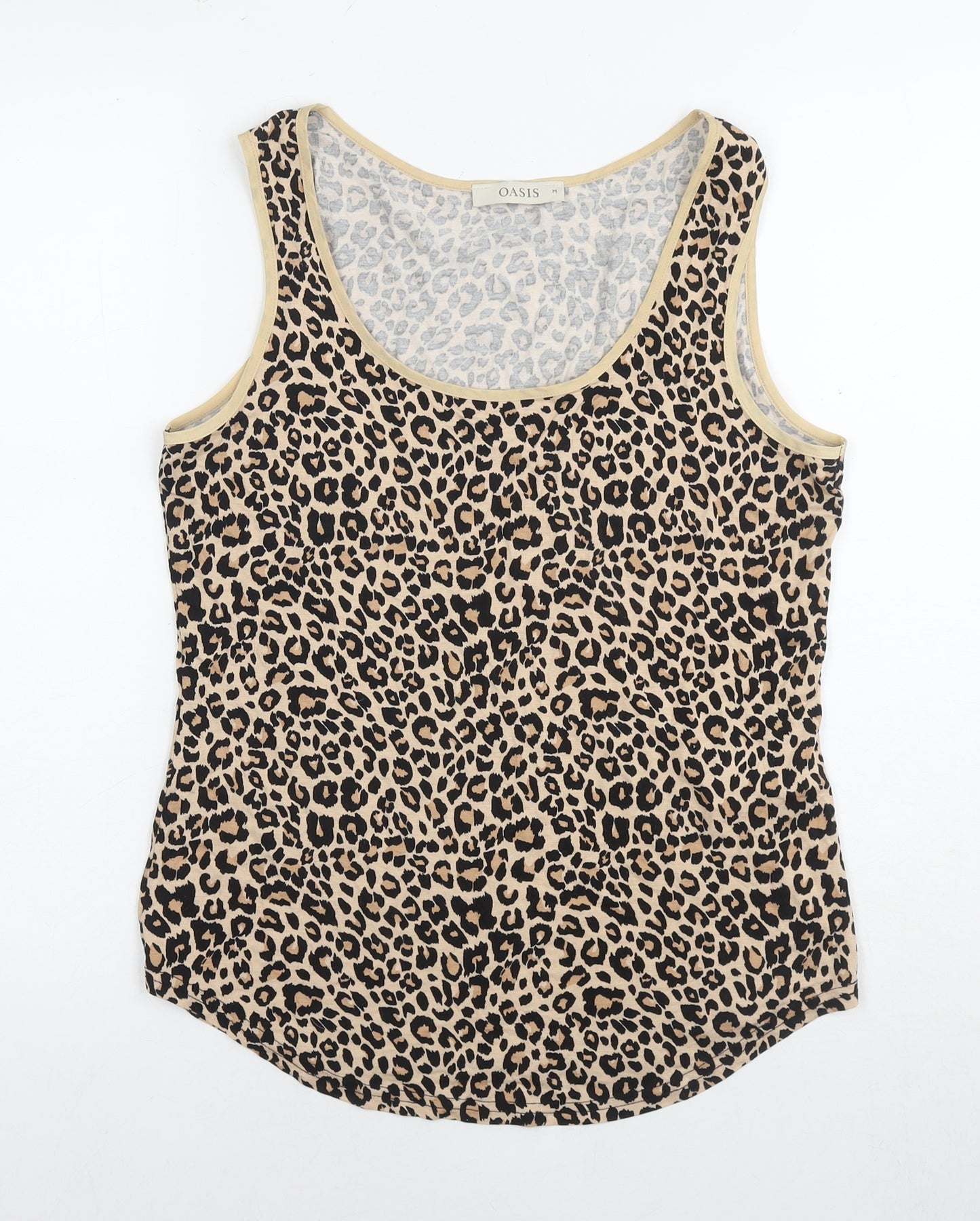 Oasis Womens Beige Animal Print Viscose Basic Tank Size M Round Neck