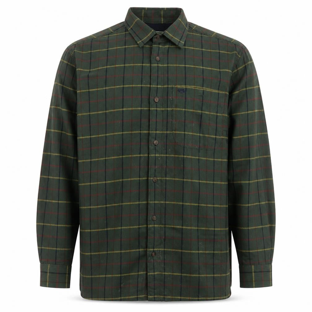 Front view of Field Pro men’s green check jacket, size M, button