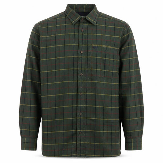 Front view of Field Pro men’s green check jacket, size M, button
