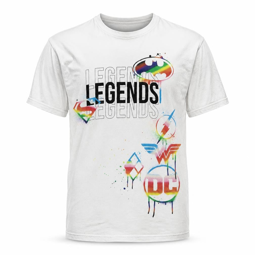 Front view of Batman boys’ white geometric cotton basic t-shirt, size 13-14, years round neck pullover - legends batman
