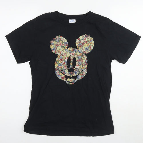 Disney Girls Black Cotton Basic T-Shirt Size 11-12 Years Round Neck Pullover - Mickey Mouse Flowers