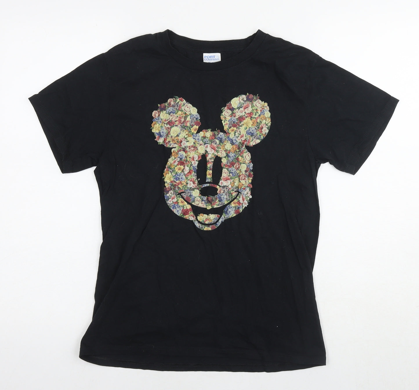 Disney Girls Black Cotton Basic T-Shirt Size 11-12 Years Round Neck Pullover - Mickey Mouse Flowers