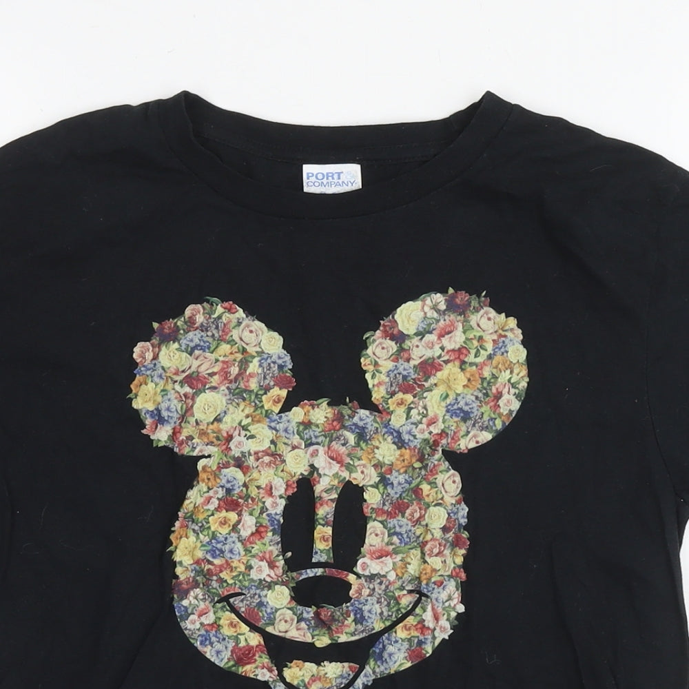 Disney Girls Black Cotton Basic T-Shirt Size 11-12 Years Round Neck Pullover - Mickey Mouse Flowers