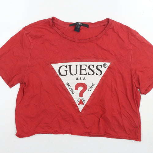 GUESS Womens Red Cotton Cropped T-Shirt Size S Round Neck - Logo