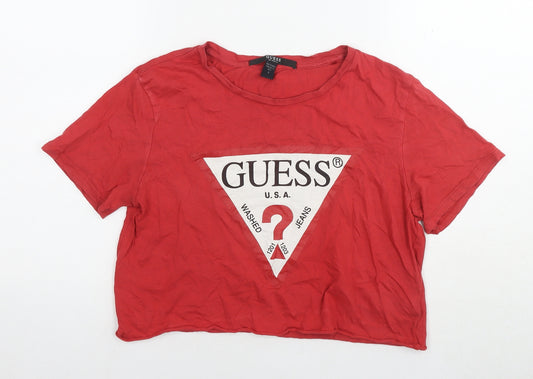 GUESS Womens Red Cotton Cropped T-Shirt Size S Round Neck - Logo