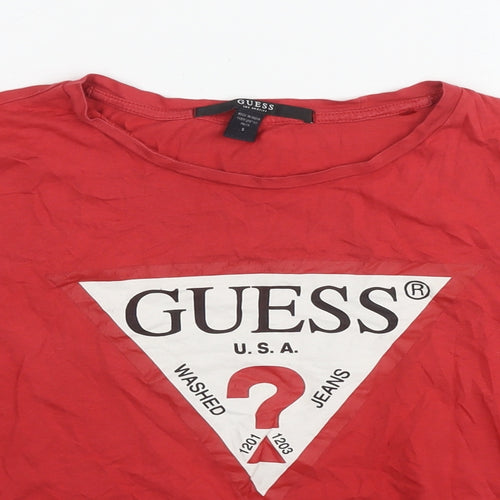 GUESS Womens Red Cotton Cropped T-Shirt Size S Round Neck - Logo