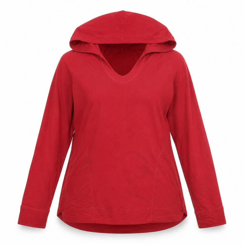 Front view of Royal Robbins women’s red lyocell pullover hoodie, size L, pullover
