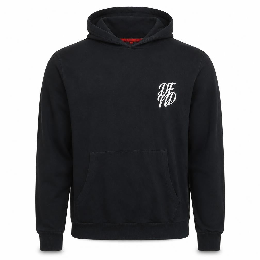 Front view of DFND men’s black polyester pullover hoodie, size XL