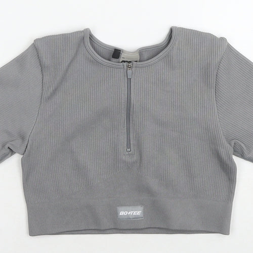 Bo+tee Womens Grey Nylon Cropped T-Shirt Size S Round Neck Pullover