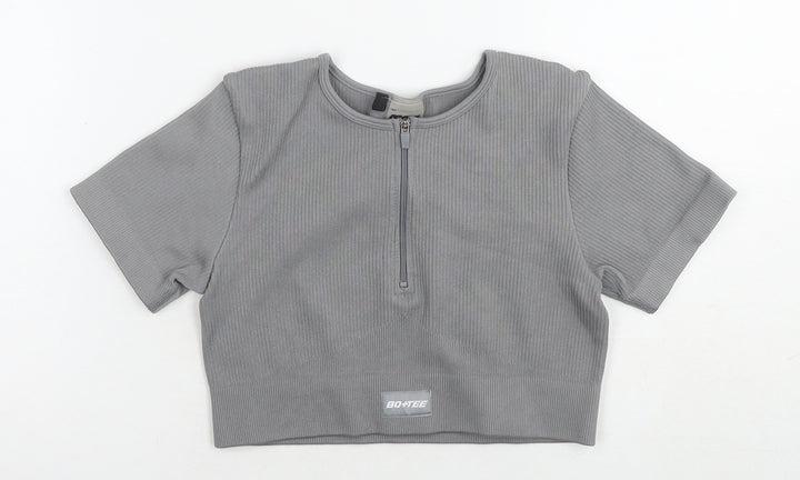 Bo+tee Womens Grey Nylon Cropped T-Shirt Size S Round Neck Pullover
