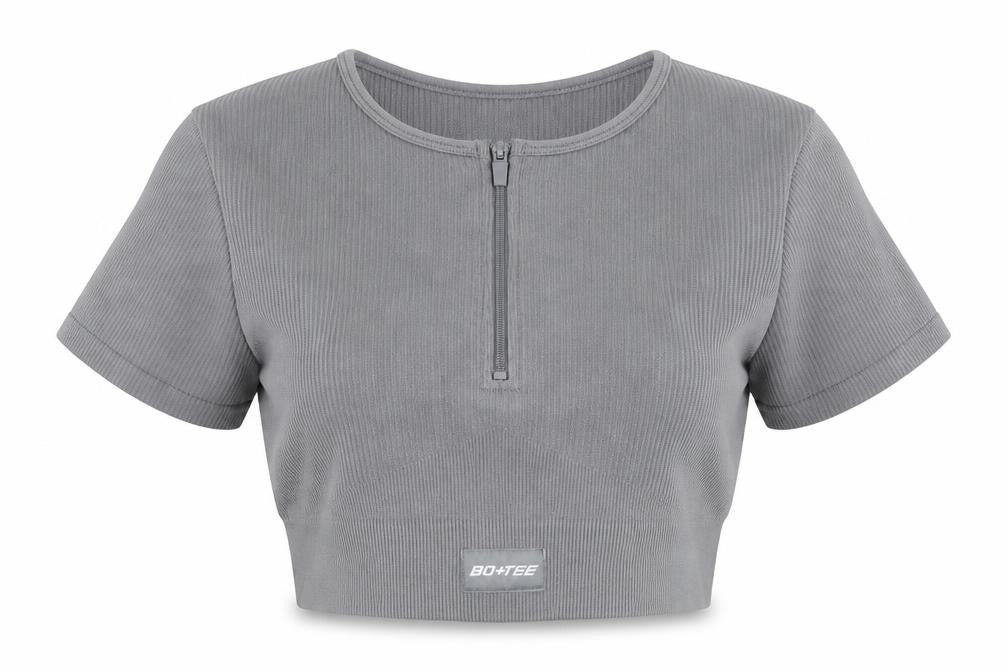 Front view of Bo+tee women’s grey nylon cropped t-shirt, size S, round neck pullover