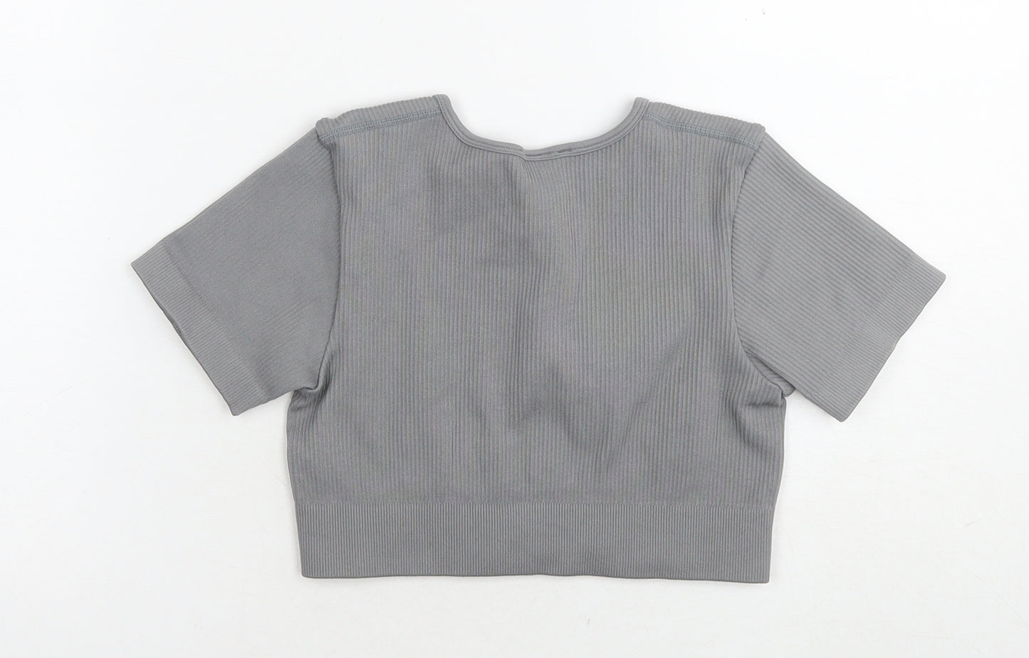 Bo+tee Womens Grey Nylon Cropped T-Shirt Size S Round Neck Pullover