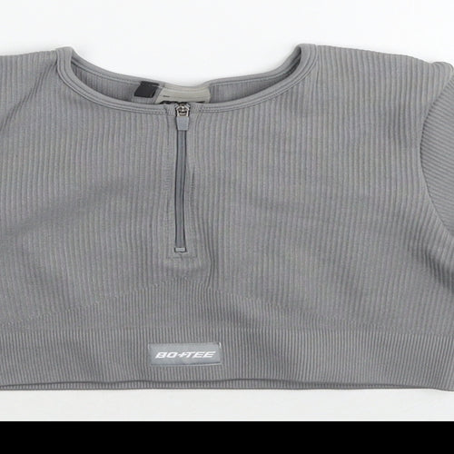 Bo+tee Womens Grey Nylon Cropped T-Shirt Size S Round Neck Pullover