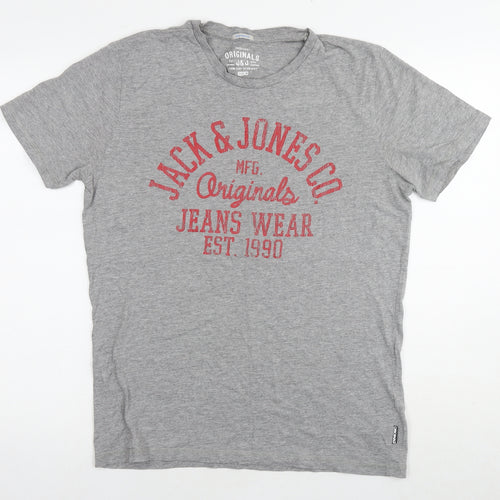 JACK & JONES Mens Grey Cotton T-Shirt Size M Round Neck - Logo