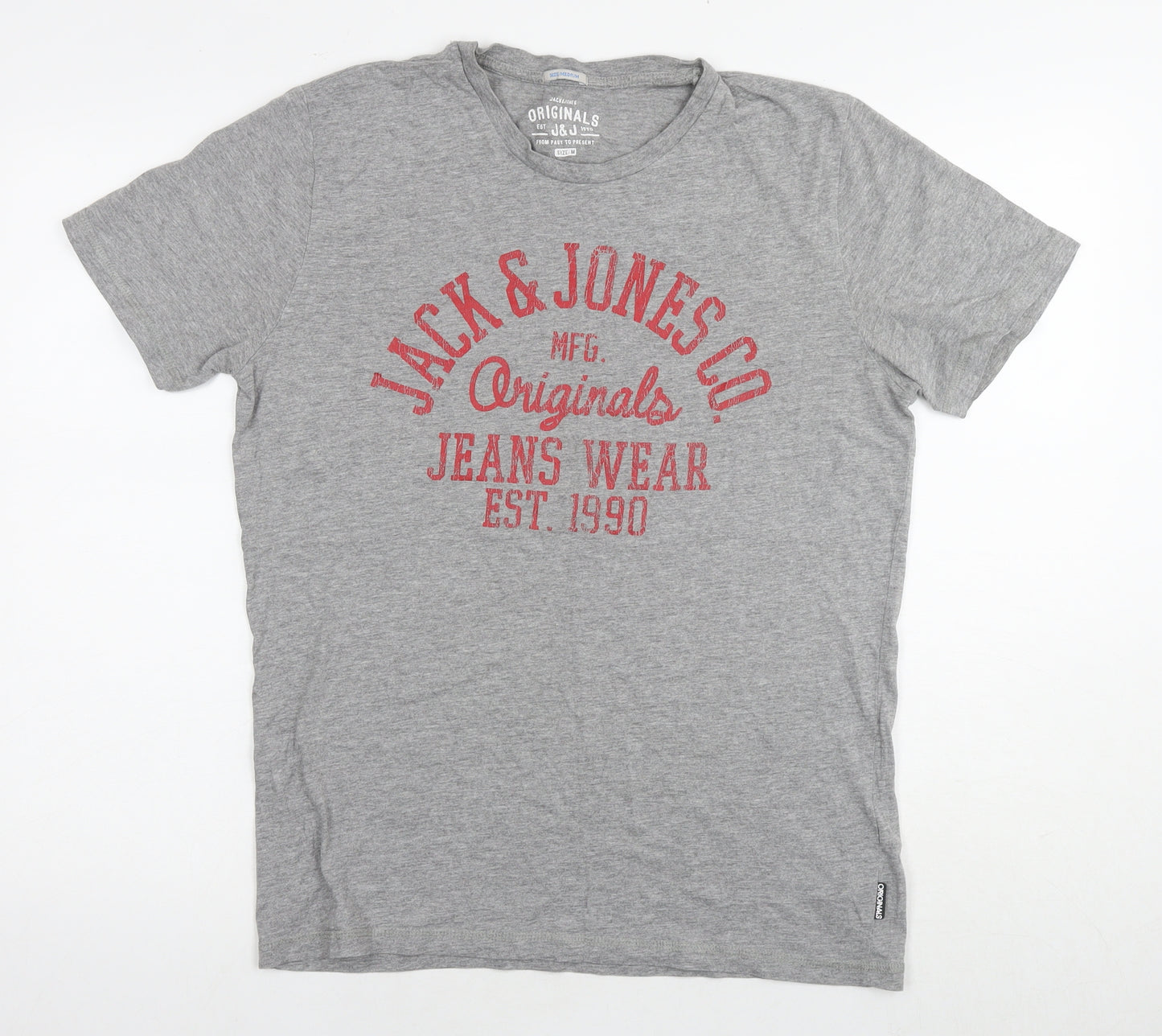 JACK & JONES Mens Grey Cotton T-Shirt Size M Round Neck - Logo