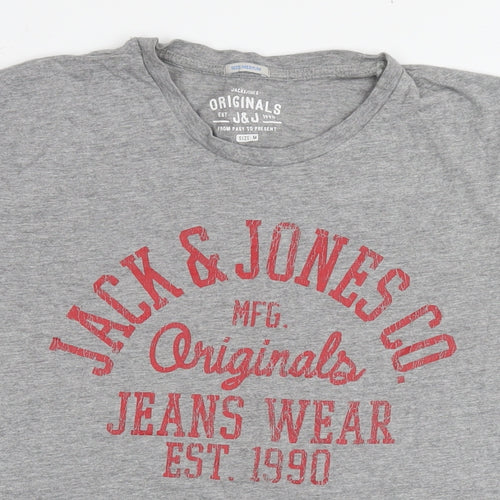 JACK & JONES Mens Grey Cotton T-Shirt Size M Round Neck - Logo