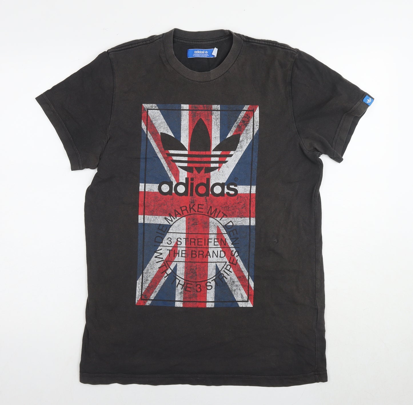 adidas Mens Black Cotton T-Shirt Size M Round Neck - Logo British Flag