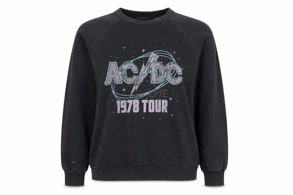 Front view of acdc women’s grey cotton pullover sweatshirt, size UK 6, pullover - ac/dc 1978 tour, size UK 6-8
