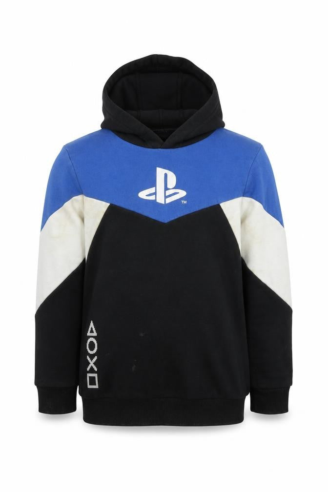 Front view of PlayStation boys’ black cotton pullover hoodie, size 10-11, years pullover - logo