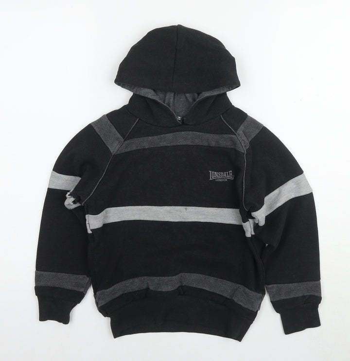 Lonsdale Boys Black Striped Cotton Pullover Hoodie Size 7-8 Years Pullover
