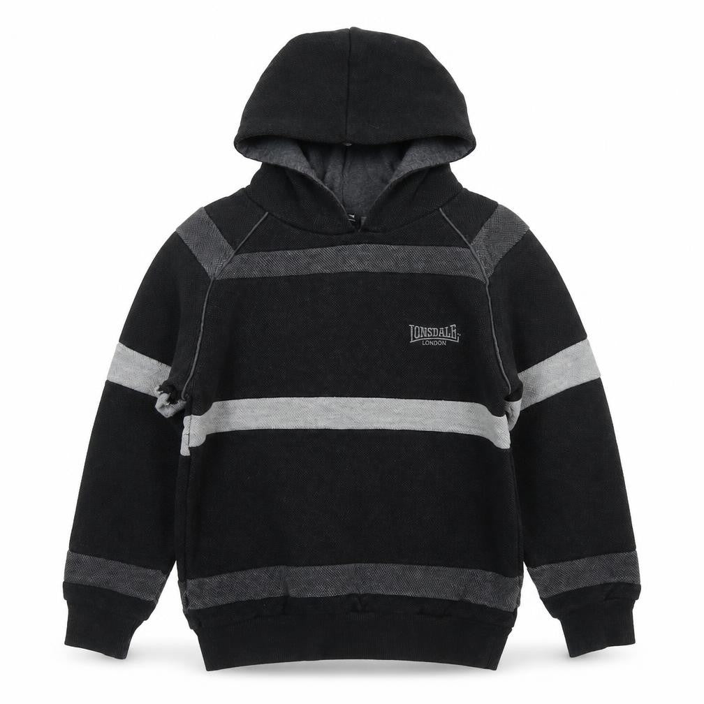 Front view of Lonsdale boys’ black striped cotton pullover hoodie, size 7-8, years pullover