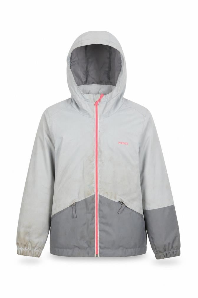 Front view of Decathlon girls’ grey windbreaker jacket, size 6, years zip