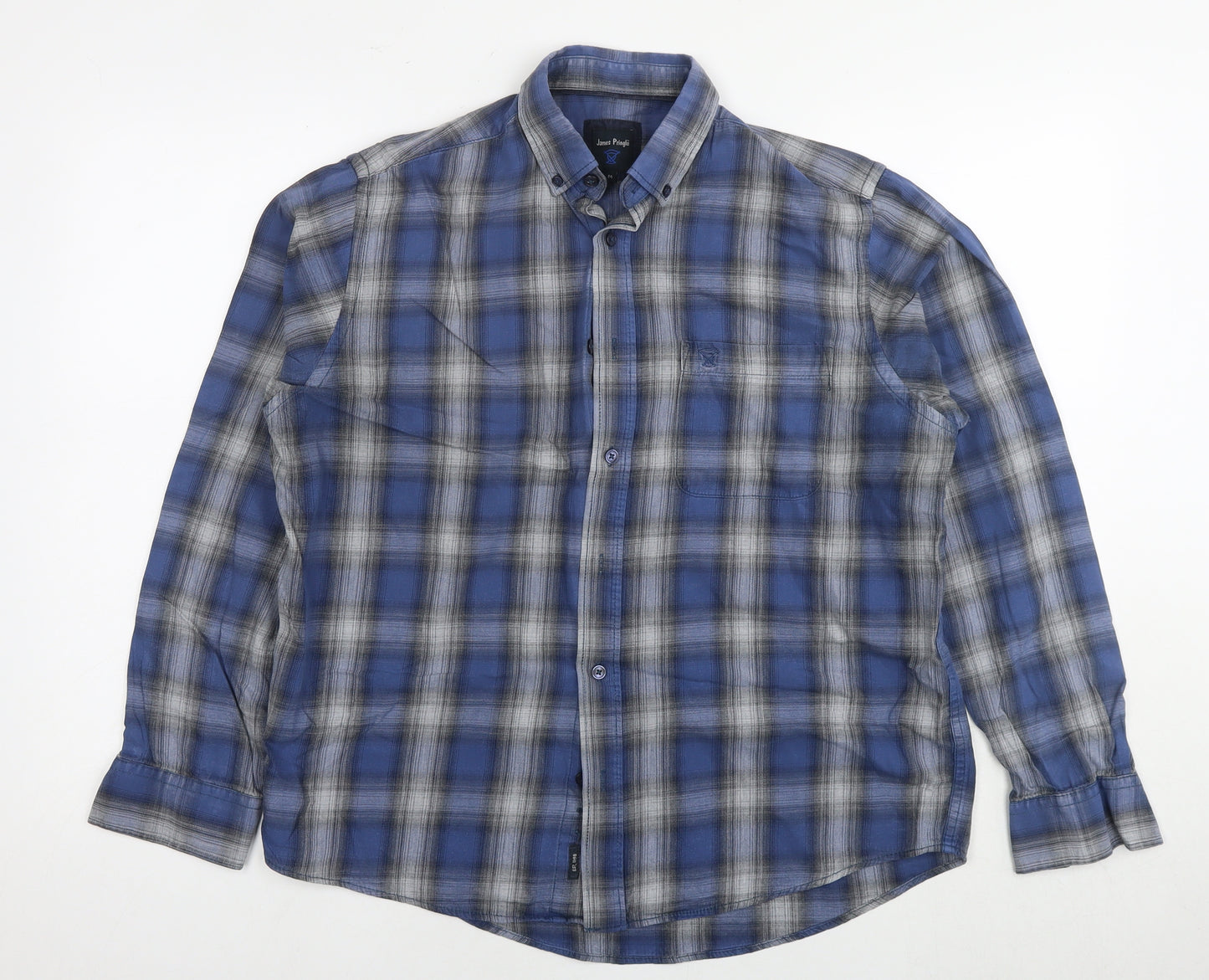 James Pringle Mens Blue Check Cotton Button-Up Size M Collared Button