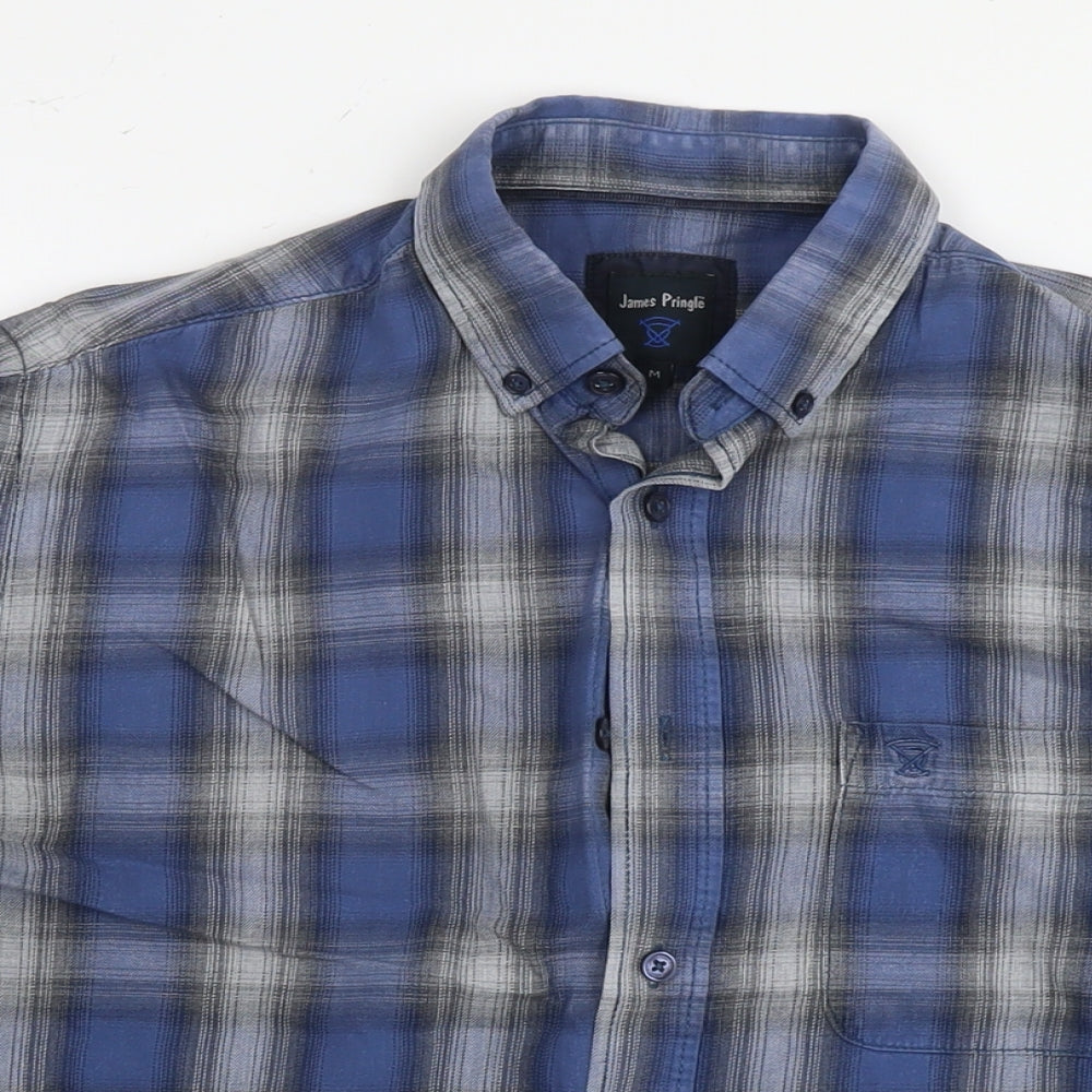 James Pringle Mens Blue Check Cotton Button-Up Size M Collared Button