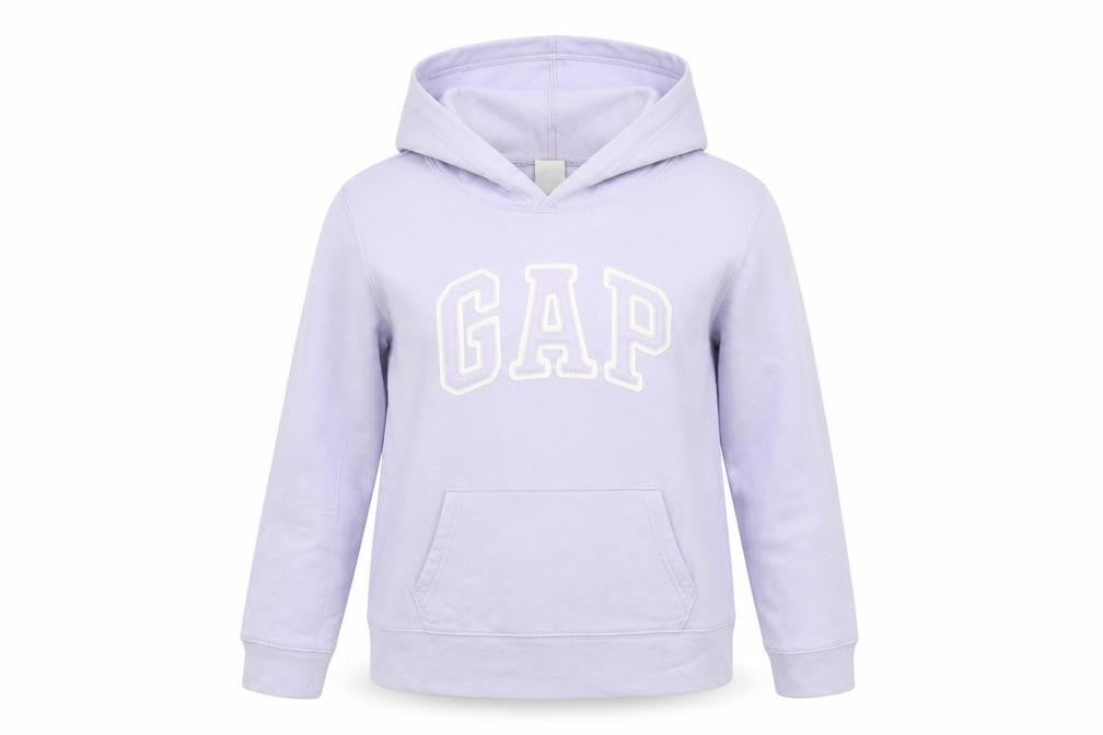 Front view of Gap women’s purple cotton pullover hoodie, size S, pullover - embroidered logo