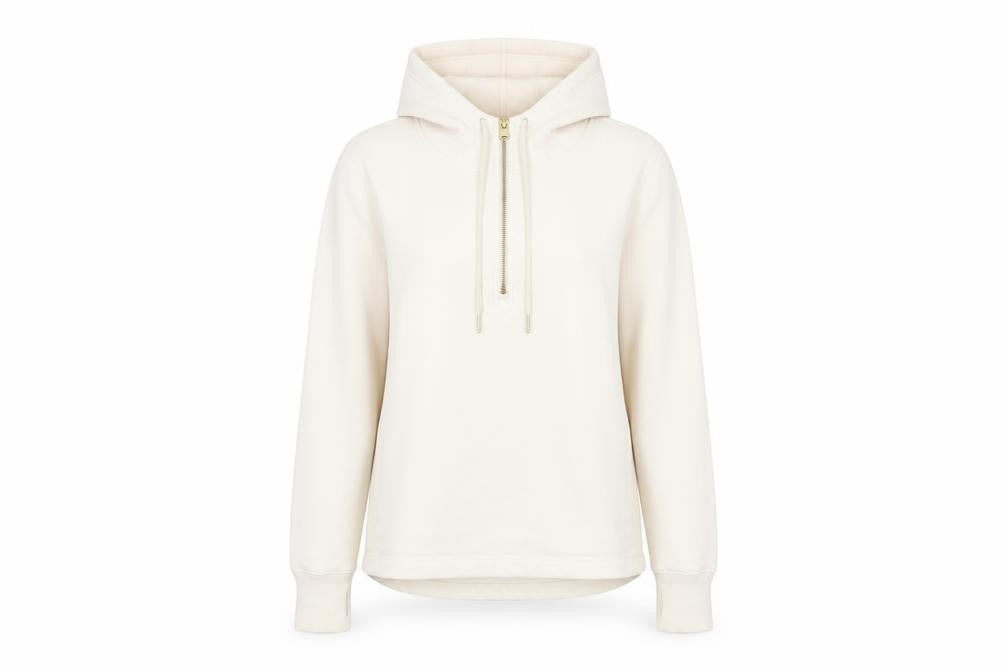 Front view of Athleta women’s ivory polyester pullover hoodie, size S, zip